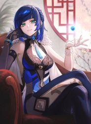 Rule 34 | 1girl, absurdres, asymmetrical gloves, bad id, bad pixiv id, bare legs, bare shoulders, black gloves, black hair, black thighhighs, blue dress, blue hair, blush, bracelet, breasts, cleavage, closed mouth, couch, crossed legs, dress, ear piercing, fingerless gloves, genshin impact, gloves, green eyes, highres, holding dice, indoors, itou (very ito), jewelry, large breasts, looking at viewer, medium hair, mismatched gloves, mole, mole on breast, multicolored hair, piercing, round window, single fingerless glove, sitting, smile, solo, thighhighs, two-tone hair, vision (genshin impact), white gloves, window, yelan (genshin impact)