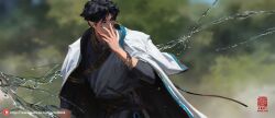 Rule 34 | 1boy, adjusting eyewear, black hair, chinese clothes, commentary request, day, fantasy, glasses, hand up, highres, hydrokinesis, kan liu (666k), male focus, original, outdoors, pointy ears, robe, sheath, short hair, solo, water