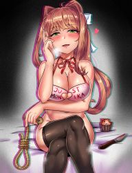 Rule 34 | 1girl, blood, blush, breasts, brown hair, doki doki literature club, highres, knife, looking at viewer, monika (doki doki literature club), naughty face, ponytail, yandere, ytrall