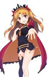 Rule 34 | 1girl, black hair, black leotard, black thighhighs, blonde hair, cape, commentary request, earrings, ereshkigal (fate), fate/grand order, fate (series), hair ribbon, hand on own chest, jewelry, leotard, long hair, looking at viewer, open mouth, orange cape, outstretched arm, parted bangs, red cape, red eyes, red ribbon, ribbon, simple background, single thighhigh, smile, solo, standing, thighhighs, tiara, two-sided cape, two-sided fabric, two side up, white background, yuuri (orz commushows)
