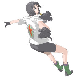 Rule 34 | 1girl, bike shorts, black eyes, black hair, boots, dragon ball, dragonball z, enami katsumi, full body, gloves, outstretched arms, shirt, simple background, solo, tomboy, twintails, videl, white background