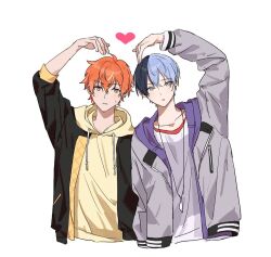 Rule 34 | 2boys, aoyagi touya, arm at side, arm up, blonde hair, blue hair, commentary request, dark blue hair, drawstring, earrings, heart, heart arms duo, higashiyama (m hvmi), highres, hood, hood down, hooded jacket, hoodie, hoop earrings, jacket, jacket over hoodie, jewelry, light blue hair, long sleeves, looking at viewer, mole, mole under eye, multicolored hair, multiple boys, necklace, open clothes, open jacket, open mouth, orange eyes, orange hair, partial commentary, project sekai, shinonome akito, short hair, simple background, sleeves past elbows, split-color hair, streaked hair, two-tone hair, upper body, white background, yaoi, yellow hoodie