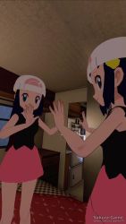 Rule 34 | 3d, animated, artist request, audible music, blue eyes, blue hair, breasts, creatures (company), dawn (pokemon), game freak, highres, mirror, nintendo, nipples, nude filter, pokemon, pokemon dppt, rain, reflection, sound, source request, tagme, third-party edit, video, vrchat, window