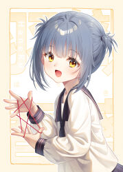 Rule 34 | 1girl, :d, aged down, blue hair, blunt bangs, cat&#039;s cradle, haneru, haori haruki, highres, himitsu no jugyou, long sleeves, looking at viewer, open mouth, sailor collar, school uniform, short twintails, smile, solo, twintails, upper body, yellow eyes