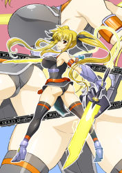 Rule 34 | 1girl, ass, bardiche (nanoha), bardiche (riot zanber stinger) (nanoha), black leotard, blonde hair, breasts, commission, dual wielding, fate testarossa, fate testarossa (true sonic form), from behind, full body, highres, holding, large breasts, leotard, long hair, looking at viewer, looking back, lyrical nanoha, mahou shoujo lyrical nanoha strikers, parted lips, red eyes, shiny skin, skeb commission, skindentation, smile, standing, sword, thighhighs, tsukamoto takashi, twintails, weapon, zoom layer