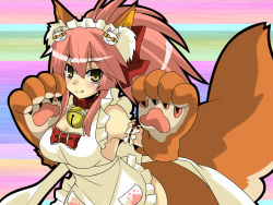 Rule 34 | 1girl, animal ear fluff, animal ears, animal hands, apron, bell, blush, breasts, cat hair ornament, cat paws, cleavage, collar, commentary request, fang, fang out, fangs, fate/grand order, fate (series), fox ears, fox tail, gloves, hair ornament, jingle bell, large breasts, long hair, looking at viewer, maid headdress, matsudora124, multicolored background, naked apron, neck bell, paw gloves, paw shoes, pink hair, ponytail, shoes, solo, tail, tamamo (fate), tamamo cat (fate), tamamo cat (third ascension) (fate)