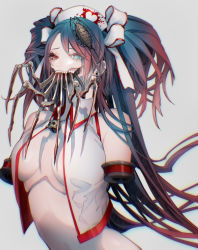 Rule 34 | 1girl, amputee, android, animal, animal on head, aqua eyes, bare shoulders, blood, blood splatter, blue hair, breasts, calne ca (deino), collared shirt, commentary request, crop top, double amputee, eyelashes, gradient hair, grey background, hair ribbon, hat, heart, heart print, heterochromia, highres, horror (theme), isopod, looking at viewer, mechanical, medium breasts, multicolored hair, nato-kun, nurse cap, on head, open clothes, open shirt, original, red eyes, red hair, ribbon, shirt, simple background, skull, sleeveless, solo, swept bangs, tobacco (tabakokobata), two-tone hair, two side up, upper body, white ribbon, white shirt