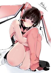 Rule 34 | 1girl, ass, black hair, black thighhighs, breasts, commentary request, full body, funkysatou, headphones, hugging own legs, leotard, looking at viewer, looking down, panties, pantyshot, pink eyes, pink leotard, pink thighhighs, senki zesshou symphogear, signature, simple background, sitting, small breasts, soles, solo, thighhighs, thighs, toes, tsukuyomi shirabe, twintails, two-tone thighhighs, underwear, white background, white panties