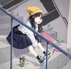 Rule 34 | 1girl, 7up, absurdres, ankle socks, beanie, between legs, black eyes, black hair, black skirt, black socks, blurry, blurry foreground, blush, can, commentary request, day, depth of field, drink can, full body, grey footwear, hand between legs, hand up, hat, highres, leaning forward, long hair, long sleeves, looking away, original, outdoors, pleated skirt, popman3580, railing, shirt, shoe soles, shoes, sitting, sitting on stairs, skateboard, skirt, socks, soda can, solo, stairs, stone stairs, very long hair, white shirt, yellow hat