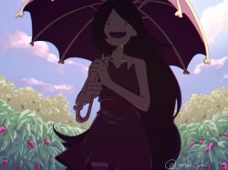 Rule 34 | 1girl, adventure time, black hair, commentary request, fangs, food, fruit, leotard, long hair, marceline abadeer, open mouth, pale skin, parasol, raya (uk 0128), smile, solid oval eyes, solo, strapless, strapless leotard, strawberry, strawberry plant, twitter username, umbrella, underwear, very long hair