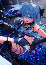 Rule 34 | 1girl, blue eyes, blue hair, blue nails, boots, crop top, elbow gloves, gloves, hair ribbon, highres, hololive, hoshimachi suisei, long hair, midriff, nail polish, navel, open mouth, partially fingerless gloves, ribbon, shorts, solo, virtual youtuber, yellow takano
