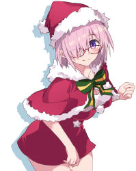 Rule 34 | 1girl, alternate costume, blush, bow, capelet, closed mouth, collarbone, commentary request, dress, drop shadow, fate/grand order, fate (series), fur-trimmed capelet, fur-trimmed dress, fur-trimmed headwear, fur trim, glasses, green bow, hair over one eye, hat, leaning forward, looking at viewer, mash kyrielight, pink hair, purple eyes, red-framed eyewear, red capelet, red dress, red hat, santa costume, santa hat, simple background, smile, solo, striped, striped bow, tsuezu, white background