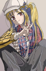 Rule 34 | 1girl, absurdres, blonde hair, bocchi the rock!, cabbie hat, collared shirt, feet out of frame, grey background, grey pants, hand up, hat, highres, ijichi nijika, looking at viewer, multicolored shirt, natsugu72, pants, plaid, plaid shirt, red eyes, shirt, side ponytail, sidelocks, sitting, smile, solo, spread legs, v, white hat