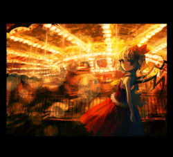 Rule 34 | 1girl, alternate costume, backlighting, blonde hair, carousel, faux traditional media, female focus, flandre scarlet, hatoya hato, lens flare, looking back, red eyes, ribbon, short hair, side ponytail, solo, speed painting, touhou, wings