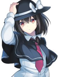 Rule 34 | 1girl, black capelet, bow, breasts, brown eyes, brown hair, capelet, fedora, female focus, hand on headwear, hat, hat bow, hat ribbon, highres, janne cherry, long sleeves, looking at viewer, necktie, parted lips, ribbon, shirt, short hair, simple background, small breasts, solo, touhou, upper body, usami renko, white background, white bow, white shirt