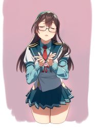 Rule 34 | 1girl, black-framed eyewear, black hair, blue sailor collar, blue shirt, blue skirt, closed eyes, collared shirt, cowboy shot, cropped legs, glasses, green hairband, hair between eyes, hairband, highres, hip vent, kantai collection, long hair, long sleeves, necktie, ooyodo (kancolle), open mouth, pleated skirt, red necktie, sailor collar, school uniform, serafuku, shirt, skirt, solo, yuuji (and)
