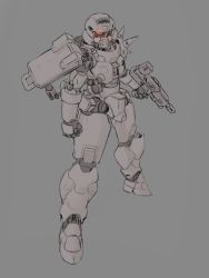 Rule 34 | armor, bullpup, clenched hand, grey background, greyscale, gun, gundam, holding, holding gun, holding weapon, joints, kelvin hiu, mecha, mobile suit gundam, monochrome, no humans, red eyes, robot, shield, shoulder armor, solo, spikes, spot color, weapon, zaku