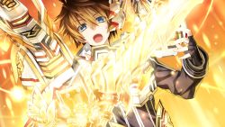 Rule 34 | 1boy, black gloves, blue eyes, brown hair, dutch angle, fairy fencer f, fang (fairy fencer f), fingerless gloves, game cg, gloves, glowing, long sleeves, male focus, official art, open mouth, short hair, solo, sweat, tsunako