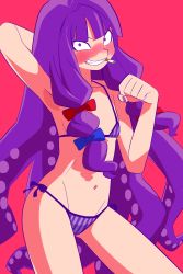 Rule 34 | 1girl, arm up, armpits, bikini, blue bow, blunt bangs, blush, bow, cigarette, clenched hand, commentary, contrapposto, cookie (touhou), cowboy shot, flat chest, grin, highres, long hair, looking at viewer, multi-tied hair, navel, nose blush, patchouli knowledge, purple bikini, purple eyes, purple hair, red background, red bow, scotch (cookie), side-tie bikini bottom, simple background, smile, solo, swimsuit, taisa (cookie), tentacle hair, touhou, very long hair