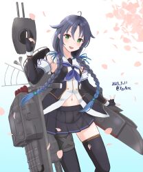 Rule 34 | 1girl, adapted turret, ahoge, ame-san, black hair, black serafuku, black skirt, black thighhighs, blue hair, blue neckerchief, braid, breasts, cannon, commentary request, elbow gloves, fingerless gloves, gloves, green eyes, highres, kantai collection, long hair, low twin braids, miniskirt, navel, neckerchief, original remodel (kantai collection), pleated skirt, resolution mismatch, rigging, school uniform, serafuku, skirt, small breasts, solo, source larger, suzukaze (kancolle), thigh strap, thighhighs, twin braids, very long hair