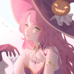 Rule 34 | ascot, bare shoulders, bewitching nami, breasts, cleavage, closed mouth, cocktail glass, commentary request, cup, detached collar, dress, drinking glass, gloves, hat, highres, holding, holding cup, league of legends, long hair, medium breasts, nami (league of legends), official alternate costume, pink hair, pumpkin, purple hat, qin da xing, red gloves, simple background, solo, upper body, white background, witch hat