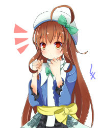 Rule 34 | 1girl, :3, ahoge, artist request, bad id, bad pixiv id, beret, blue jacket, blush, bow, bowtie, brown hair, clenched hands, collar, hat, hat bow, jacket, layered skirt, long hair, ole tower, open clothes, open jacket, polisher (ole tower), red eyes, sash, shirt, simple background, skirt, smile, solo, upper body, white background, white shirt
