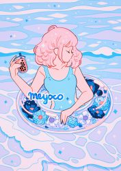 Rule 34 | 1girl, absurdres, afloat, aqua flower, artist name, blue flower, blue one-piece swimsuit, bubble tea, closed eyes, drink, drinking straw, flower, highres, holding, holding drink, innertube, medium hair, meyoco, one-piece swimsuit, original, partially submerged, pink hair, profile, solo, swim ring, swimsuit, water, white flower