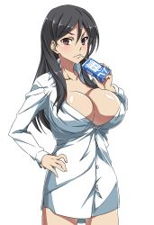 Rule 34 | 1girl, black hair, blush, breasts, brown eyes, bursting breasts, cleavage, fukiyose seiri, hand on own hip, huge breasts, juice box, long hair, shirt, simple background, solo, standing, toaru majutsu no index, touryou, undersized clothes