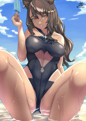 Rule 34 | 1girl, animal ears, arknights, bare shoulders, bl/ess, black one-piece swimsuit, breasts, brown eyes, brown hair, cat ears, day, food, hair between eyes, highres, holding, holding food, large breasts, long hair, looking at viewer, medium breasts, mole, mole on breast, official alternate costume, one-piece swimsuit, outdoors, parted lips, shiny skin, sidelocks, sitting, skyfire (arknights), skyfire (temperature difference) (arknights), solo, swimsuit, tan, thighs, wavy hair, wet