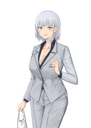 Rule 34 | 1girl, absurdres, bag, bandaged neck, bandages, belt, black shirt, breasts, cleavage, collared shirt, formal, girls&#039; frontline, grey belt, grey blazer, grey eyes, grey pants, grey suit, highres, holding, holding bag, id card, korean commentary, large breasts, open clothes, open shirt, pants, parted lips, rpk-16 (girls&#039; frontline), rpk-16 (renate) (girls&#039; frontline), samyukgoo369, shirt, short hair, silver hair, smile, solo, standing, suit, white background