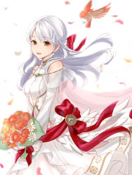 Rule 34 | 1girl, bird, bouquet, bride, dress, fire emblem, fire emblem: radiant dawn, fire emblem heroes, flower, from side, grey hair, haru (nakajou-28), highres, holding, holding bouquet, long hair, looking to the side, micaiah (fire emblem), nintendo, open mouth, petals, simple background, solo, wedding dress, white background, white dress, yellow eyes