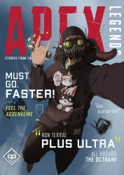 Rule 34 | 1boy, \n/, animal hood, apex legends, backpack, bag, black headwear, black hoodie, black pants, blurry, blurry background, cloud, commentary, copyright name, cover, english commentary, english text, fake magazine cover, falling, goblin (titanfall), goggles, green shirt, grey footwear, highres, holding, hood, hood down, hoodie, ifragmentix, liquid, magazine cover, mask, mouth mask, octane (apex legends), pants, rabbit, rabbit hood, shirt, shoes, sky, smartwatch, sneakers, solo, sweatpants, watch, wattson (apex legends), wristwatch