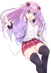 Rule 34 | 1girl, absurdres, adult neptune, alternate costume, bag, black thighhighs, blazer, blush, breasts, collared shirt, commentary request, d-pad, d-pad hair ornament, hair between eyes, hair ornament, headphones, headphones around neck, highres, jacket, long hair, long sleeves, looking at viewer, medium breasts, naoya (naoya ee), neptune (series), open clothes, open jacket, open mouth, plaid, plaid skirt, purple eyes, purple hair, purple jacket, red skirt, shin jigen game neptune vii, shirt, shoulder bag, sidelocks, simple background, skirt, solo, thighhighs, white background, white shirt