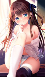 Rule 34 | 1girl, bare shoulders, black skirt, blue ribbon, blush, bow, bow panties, breasts, brown hair, collarbone, commentary request, dress shirt, green eyes, hair between eyes, hair censor, hair ribbon, head tilt, highres, indoors, kneehighs, long hair, looking at viewer, navel, off shoulder, open clothes, open shirt, original, panties, ribbon, sasai saji, shirt, signature, sitting, skirt, skirt around one leg, small breasts, smile, socks, solo, underwear, white hair, white panties, white shirt