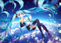 Rule 34 | 10s, 1girl, 2013, aqua hair, bad id, bad pixiv id, blue eyes, boots, bubble, character name, cloud, dated, detached sleeves, hatsune miku, long hair, musical note, necktie, skirt, solo, sougishi ego, thigh boots, thighhighs, twintails, very long hair, vocaloid