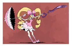 Rule 34 | 10s, 1girl, :d, big hair, blonde hair, blue eyes, boots, bow, derpcat, derpcat (deviantart), dress, drill hair, eyepatch, hair ribbon, harime nui, image sample, kill la kill, long hair, open mouth, parasol, pink bow, pink footwear, red background, ribbon, smile, solo, strapless, strapless dress, twin drills, twintails, umbrella, very long hair