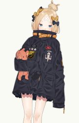 Rule 34 | 1girl, abigail williams (fate), abigail williams (traveling outfit) (fate), alternate hairstyle, bandaid, bandaid on face, bandaid on forehead, belt, black bow, black jacket, blonde hair, blue eyes, blush, bow, commentary request, fate/grand order, fate (series), forehead, hair bow, hair bun, high collar, highres, holding, holding stuffed toy, jacket, long hair, looking at viewer, official alternate costume, orange bow, parted bangs, polka dot, polka dot bow, simple background, single hair bun, sino42, sleeves past fingers, sleeves past wrists, solo, stuffed animal, stuffed toy, teddy bear, thighs, white background