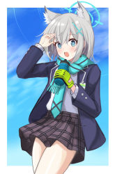 Rule 34 | 1girl, absurdres, animal ear fluff, aqua scarf, blue archive, blue eyes, blue jacket, blush, bottle, cross hair ornament, feet out of frame, gloves, grey hair, hair between eyes, hair ornament, hand in own hair, highres, holding, holding bottle, jacket, koenza botoke, looking at viewer, open clothes, open jacket, open mouth, scarf, shiroko (blue archive), shirt, short hair, simple background, single glove, solo, standing, sweat, teeth, upper teeth only, water bottle, white shirt