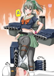 Rule 34 | 10s, 1boy, 1girl, admiral (kancolle), anger vein, ankle boots, blush, boots, bow, brown eyes, clothes pull, crop top, foot on head, green hair, hand on own hip, kantai collection, long hair, machinery, navel, open mouth, pantyhose, pantyhose pull, ponytail, school uniform, serafuku, skirt, smile, spoken anger vein, stepped on, wavy mouth, wristband, yano toshinori, yuubari (kancolle)