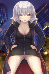 Rule 34 | 1girl, ahoge, black dress, breasts, building, cleavage, collarbone, dress, fate/grand order, fate (series), fisheye, from below, fur trim, hair between eyes, hands on own hips, highres, jeanne d&#039;arc (fate), jeanne d&#039;arc alter (fate), jeanne d&#039;arc alter (ver. shinjuku 1999) (fate), jewelry, light particles, looking at viewer, looking down, mashuu (neko no oyashiro), medium breasts, necklace, official alternate costume, open mouth, outdoors, panties, pantyshot, pink panties, silver hair, skyscraper, solo, standing, underwear, upskirt, yellow eyes