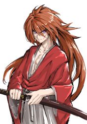 Rule 34 | &gt;:(, 1boy, absurdres, closed mouth, commentary request, cross scar, deluxe&lt;&lt;&lt;, frown, hakama, hakama skirt, haori, highres, himura kenshin, holding, holding sword, holding weapon, japanese clothes, katana, kimono, long hair, looking at viewer, male focus, orange hair, purple eyes, rurouni kenshin, scar, scar on face, sheath, simple background, sketch, skirt, solo, sword, unsheathing, upper body, v-shaped eyebrows, weapon, white background, wide sleeves
