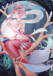Rule 34 | 1girl, absurdres, antlers, bare shoulders, beads, bell, blunt bangs, commentary request, danganronpa (series), danganronpa 2: goodbye despair, fins, head fins, head wreath, heart, highres, holding, holding bell, horns, looking at viewer, mermaid, monster girl, nail polish, nanami chiaki, navel, parted lips, pink eyes, pink hair, red nails, scales, scrunchie, short hair, sitting, smile, solo, stomach, tuteurfars shin, wrist scrunchie