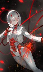 Rule 34 | 1girl, armored core, armored core 6, ayre (armored core 6), breasts, cropped jacket, facial mark, forehead jewel, gloves, highres, jacket, lack, leotard, long sleeves, looking at viewer, medium breasts, open clothes, open jacket, red eyes, red gloves, short hair, solo, thighs, white hair, white jacket, white leotard