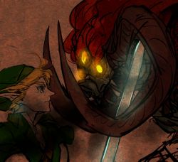 Rule 34 | 1boy, bad id, bad pixiv id, battle, blonde hair, determined, earrings, eye contact, fangs, from side, ganon, ganondorf, glowing, glowing eyes, hat, holding, holding sword, holding weapon, horns, jewelry, link, looking at another, male focus, nintendo, pointy ears, profile, serious, sharp teeth, sword, teeth, the legend of zelda, tobacco (tabakokobata), weapon