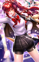 Rule 34 | 1boy, 1girl, absurdres, been, bike shorts, black shorts, black skirt, blurry, blurry background, bow, bowtie, collared shirt, dress shirt, elesis (elsword), elsword, fang, floating hair, hair between eyes, hand on own hip, highres, jacket, jacket on shoulders, long hair, long sleeves, miniskirt, open mouth, outstretched arm, plaid, plaid skirt, pleated skirt, red bow, red eyes, red hair, red neckwear, school uniform, shirt, short shorts, shorts, shorts under skirt, skirt, standing, very long hair, white shirt, wing collar