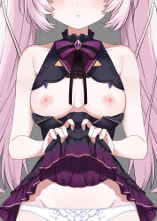 Rule 34 | 1girl, :&lt;, bare shoulders, bow, bowtie, breasts, breasts out, clothes lift, collarbone, commentary request, highres, lifting own clothes, long hair, looking at viewer, medium breasts, morisobo, nipples, nyatasha nyanners, panties, pink hair, purple bow, purple bowtie, skirt, skirt lift, sleeveless, solo, twintails, underwear, virtual youtuber, vshojo, white panties