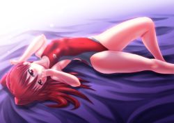Rule 34 | 1girl, arena (company), bed, blush, bow, breasts, collarbone, competition swimsuit, covering own mouth, hair bow, highres, long hair, looking at viewer, lying, one-piece swimsuit, original, ponytail, red eyes, red hair, red one-piece swimsuit, small breasts, solo, swimsuit, tennouji mamichi, tennouji masamichi