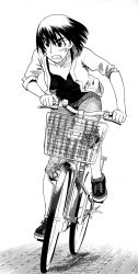 Rule 34 | 1girl, ayase fuuka, bicycle, capri pants, clenched teeth, eyebrows, greyscale, highres, jacket, looking afar, monochrome, no socks, open clothes, open jacket, pants, pavement, riding, shoes, short hair, sleeves pushed up, sneakers, solo, sweat, teeth, thick eyebrows, unbuttoned, yotsubato!