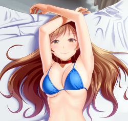 Rule 34 | 1girl, armpits, arms up, bare arms, bare shoulders, bed sheet, bikini, blue bikini, blush, brown eyes, brown hair, closed mouth, commentary request, from above, highres, idolmaster, idolmaster cinderella girls, long hair, lying, navel, nitta minami, on back, pink lips, skindentation, slit pupils, smile, solo, swimsuit, taka (takahirokun), upper body