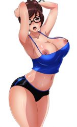 Rule 34 | 1girl, armpits, arms up, bare arms, bare shoulders, blush, breasts, brown eyes, brown hair, collarbone, cowboy shot, glasses, hair ornament, hairpin, large breasts, looking at viewer, matching hair/eyes, mei (overwatch), midriff, navel, nipples, open mouth, overwatch, overwatch 1, short shorts, shorts, simple background, solo, tank top, teeth, thelorope, thighs, tongue, upper teeth only, white background